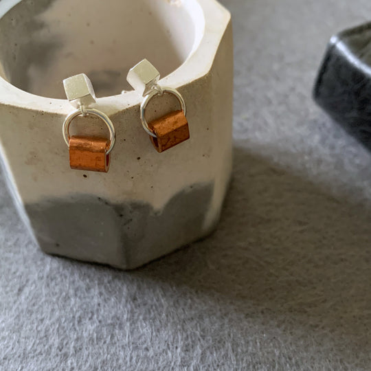Silver Cube and Copper stud Marina earrings by Factory Floor Jewels