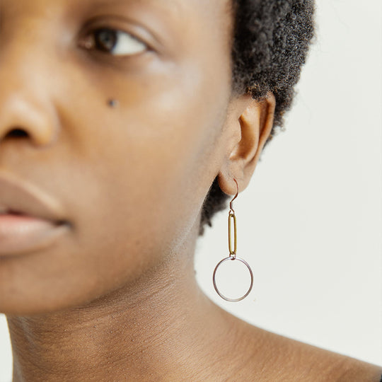 Steel and Brass mismatch big earrings by Factory Floor Jewels