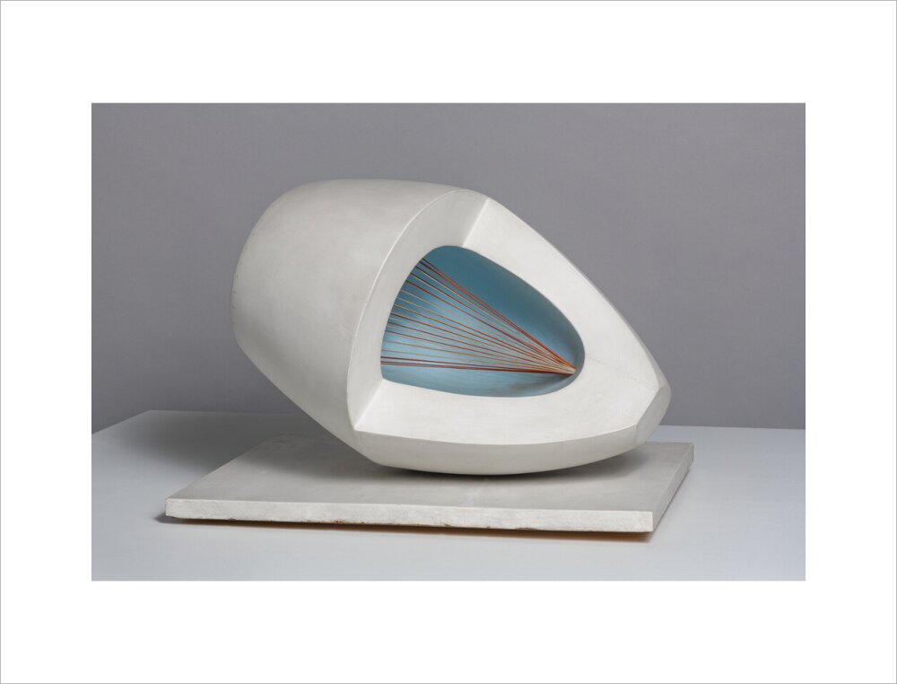 Barbara Hepworth, Sculpture with Colour (Oval Form) Pale Blue and Red, 1943, painted wood and strings. (art print, small, unframed)