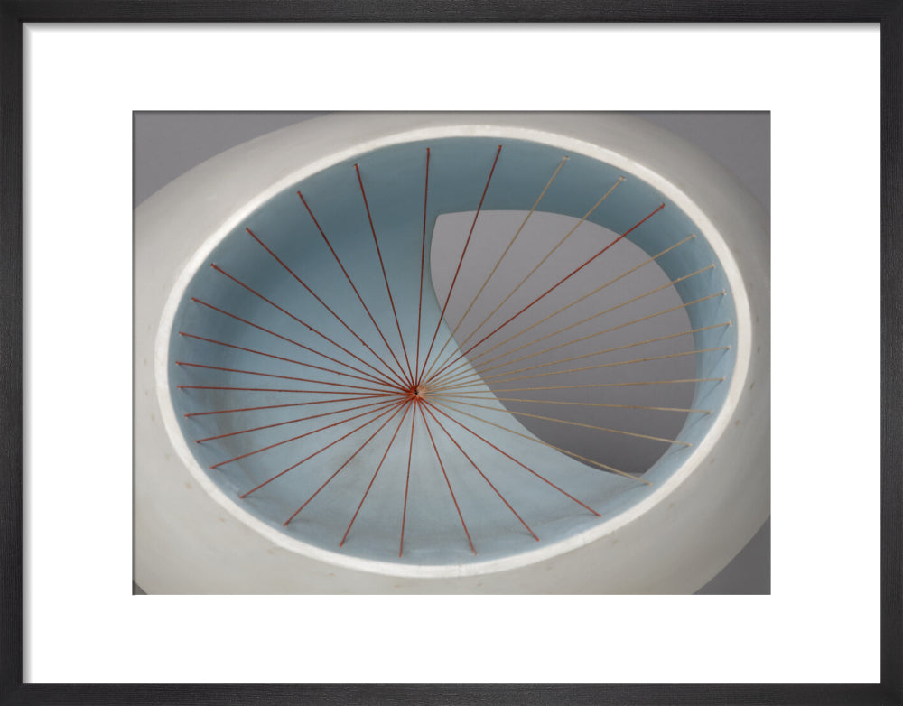 Barbara Hepworth, Sculpture with Colour (Oval Form) Pale Blue and Red, 1943, painted wood and strings. (art print, small, black)
