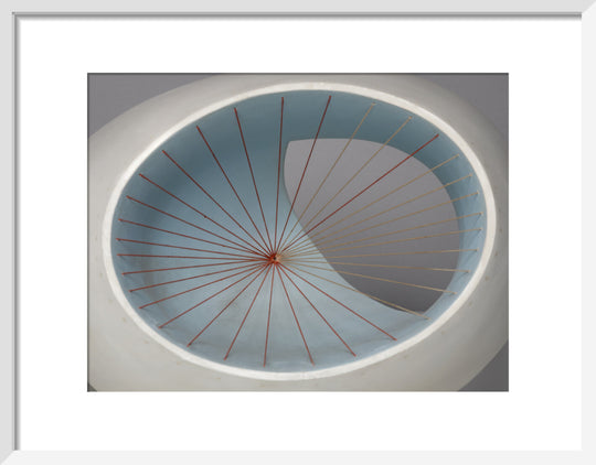 Barbara Hepworth, Sculpture with Colour (Oval Form) Pale Blue and Red, 1943, painted wood and strings. (art print, small, white)